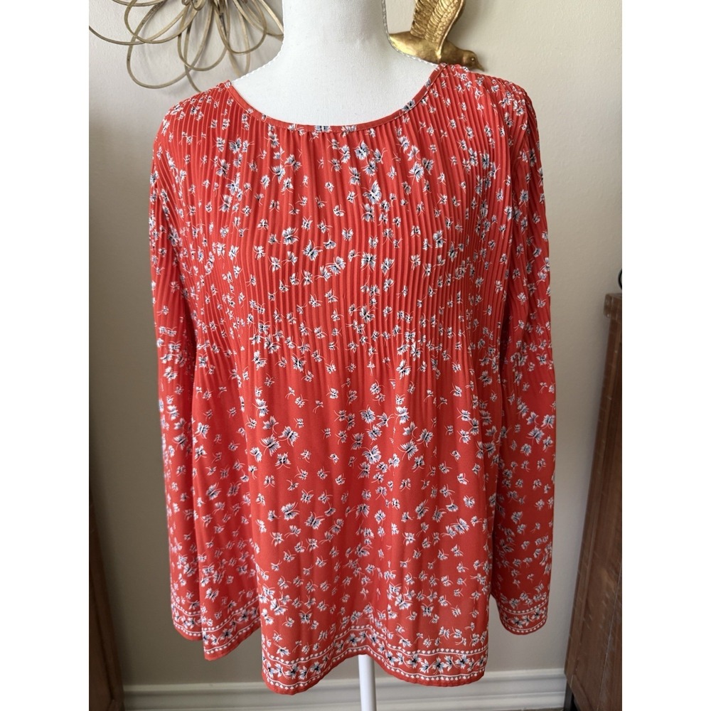 Max Studio Floral Pleated Blouse Small Red Boho Long Bell Sleeve Peasant Top